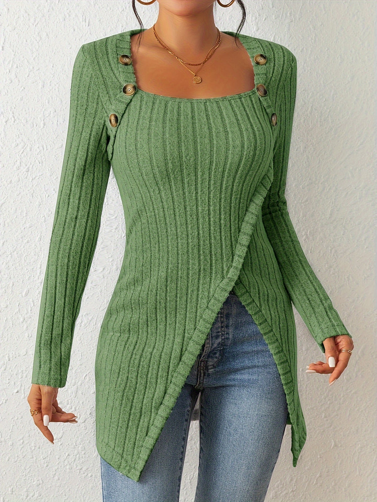 Button Decor Asymmetrical Hem T-Shirt, Casual Ribbed Long Sleeve Top
