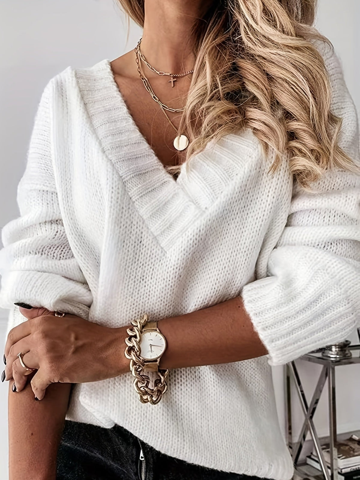Solid Simple Knit Sweater, Casual V Neck Long Sleeve Sweater