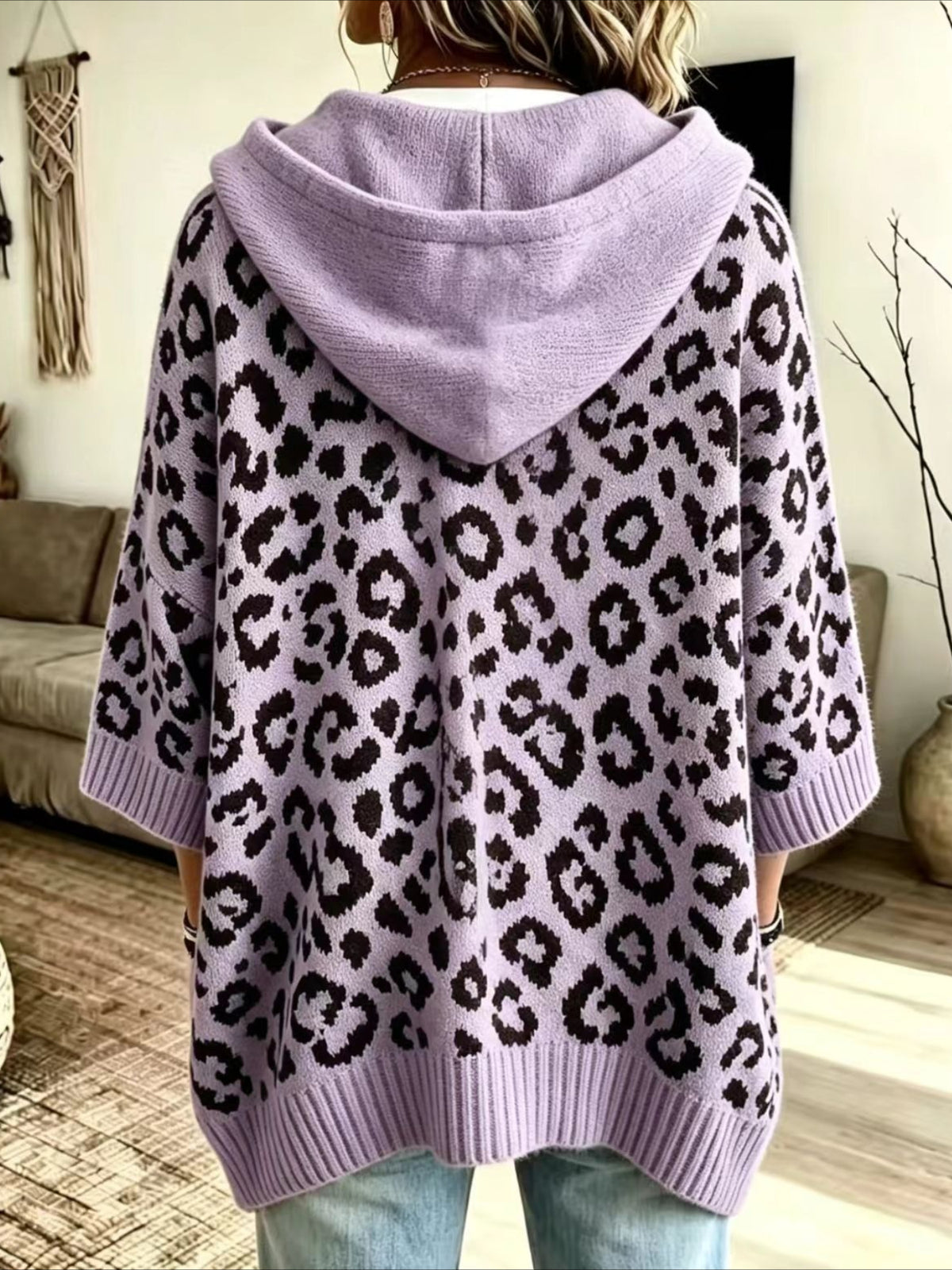 Leopard Pattern Hooded Knit Sweater with Batwing Sleeves