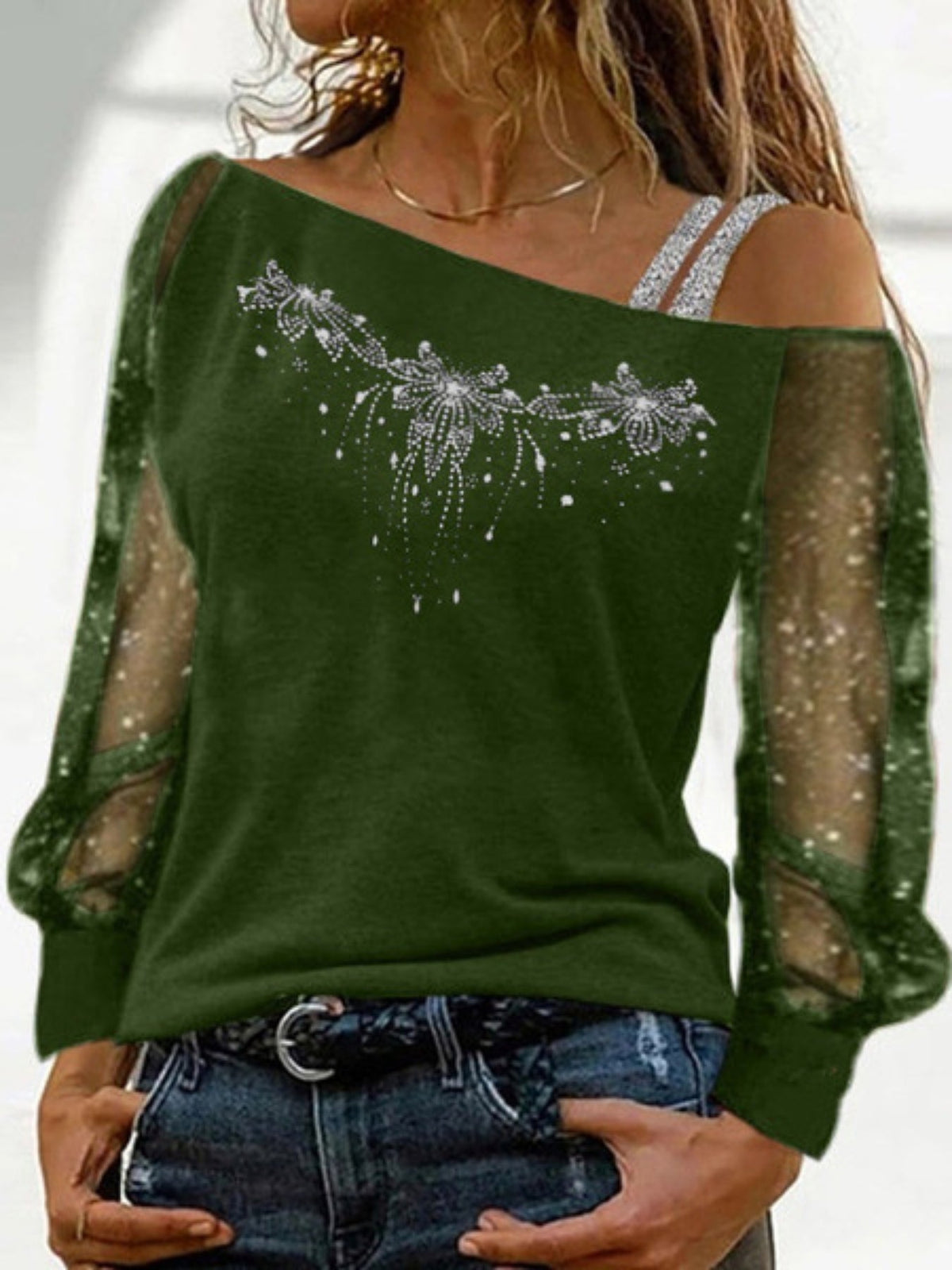 Rhinestones Floral Asymmetrical T-Shirt, Casual Cold Shoulder Mesh Long Sleeve Top