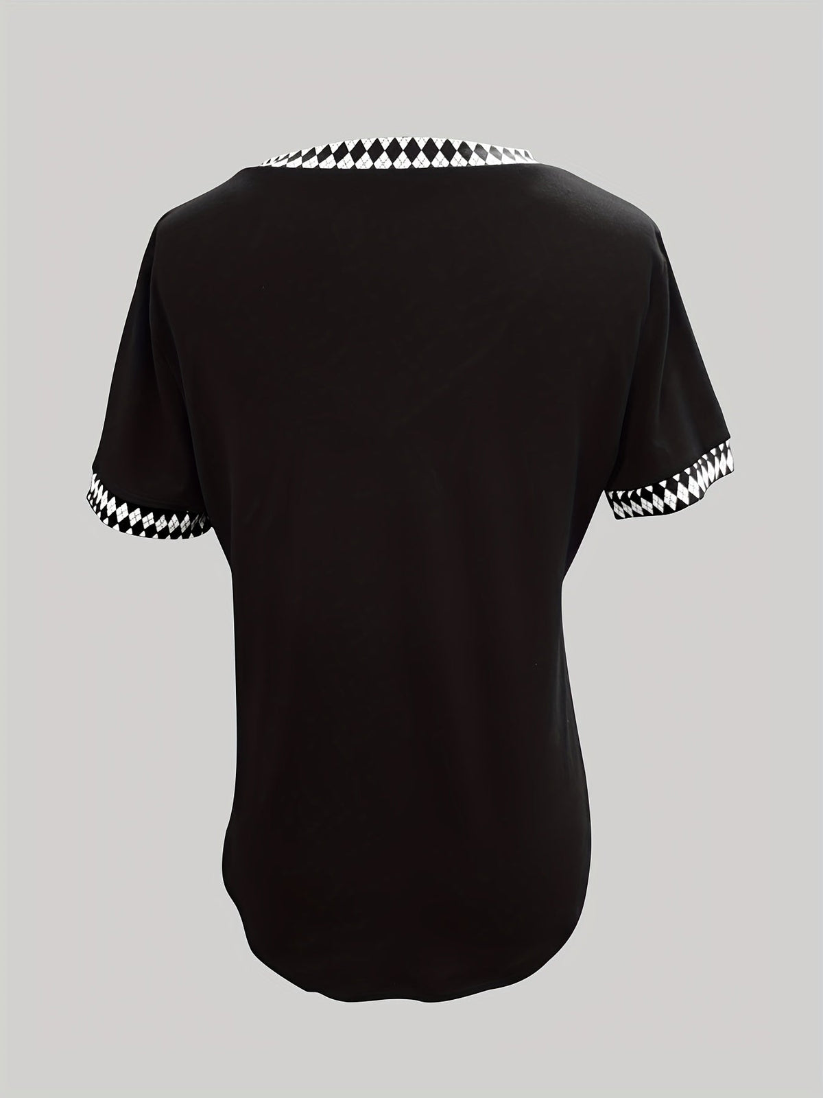Elegant Short Sleeve Houndstooth Contrast V-Neck Tee