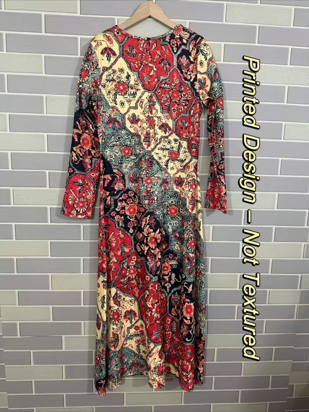 Vintage Ethnic Floral Digital Print Long Sleeve Dress