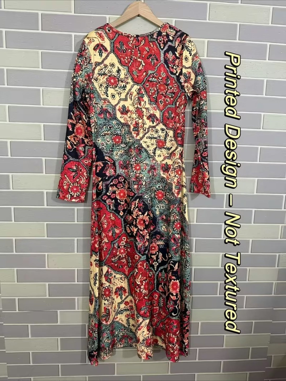 Vintage Ethnic Floral Digital Print Long Sleeve Dress
