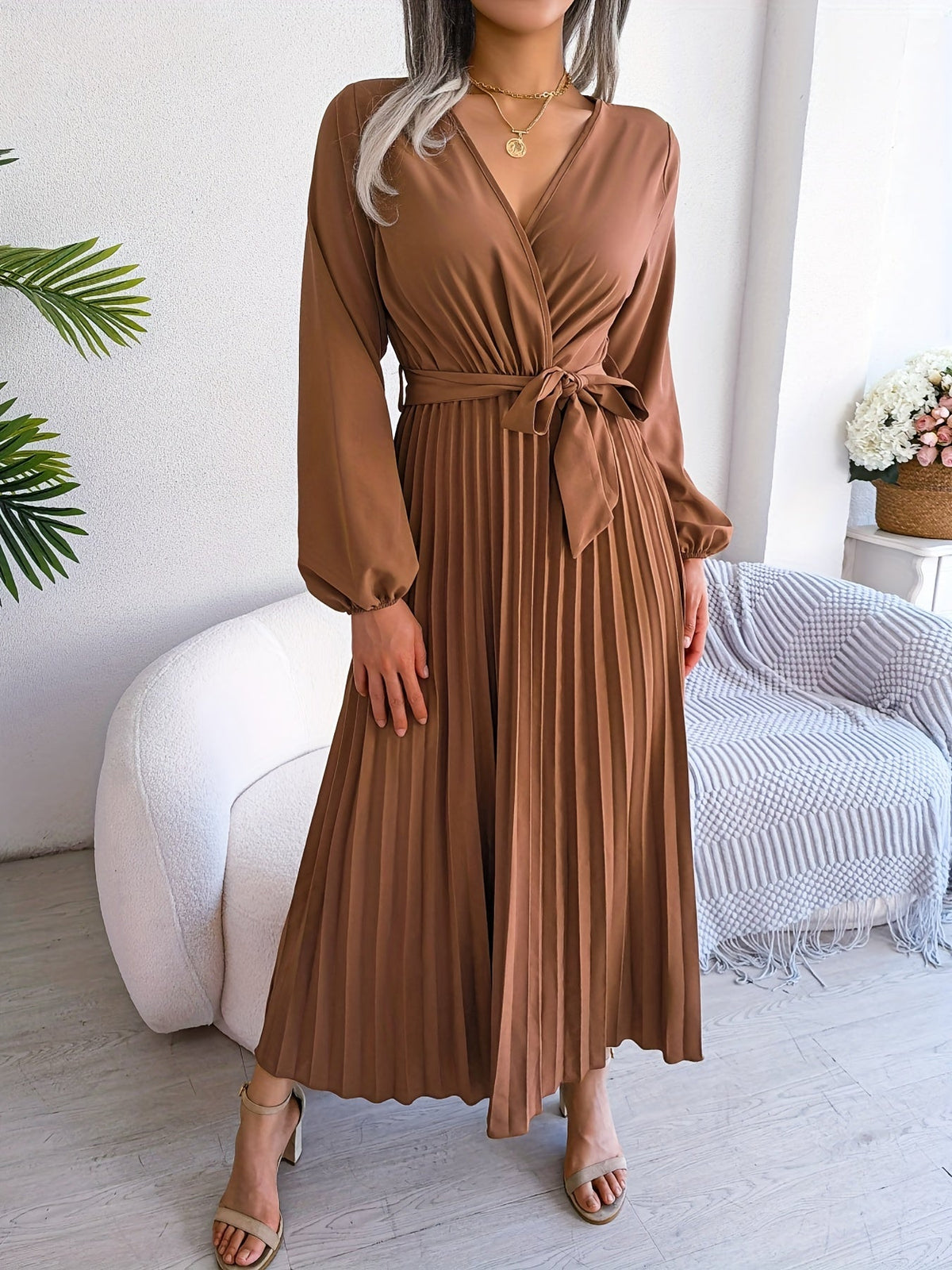 Pleated Surplice Neck Dress, Elegant Long Sleeve Solid Dress, Women's Clothing