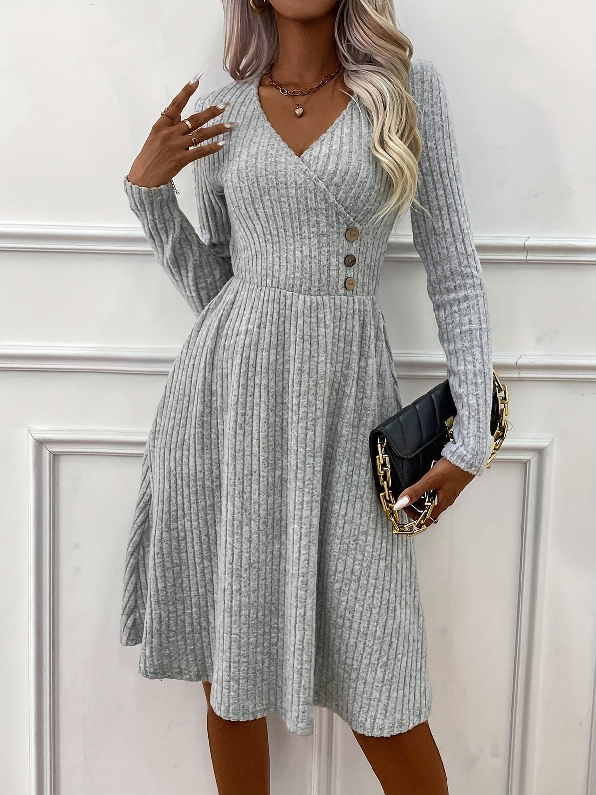 Solid V-neck Button Decor Dress, Elegant Long Sleeve Slim Dress
