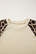 Apricot Ribbed Color Block Leopard Contrast Sleeve Loose Tee