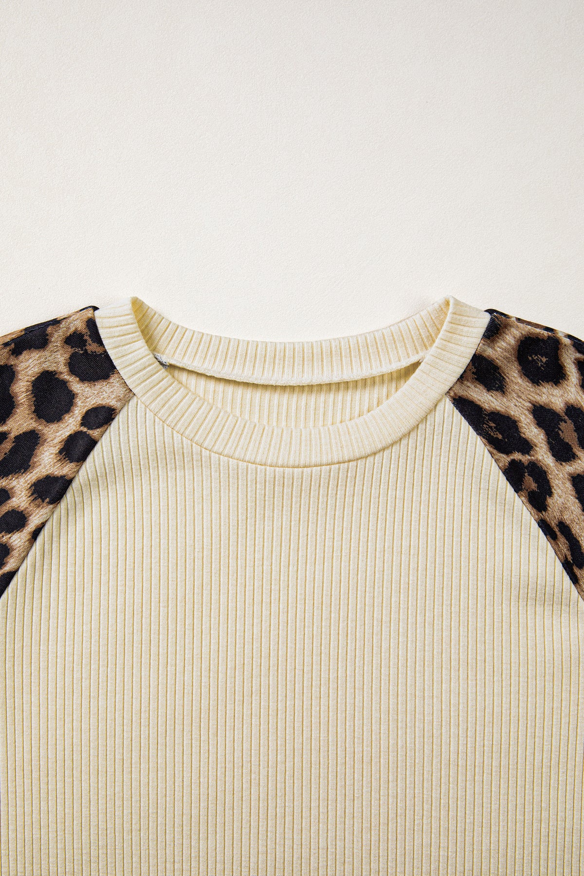 Apricot Ribbed Color Block Leopard Contrast Sleeve Loose Tee