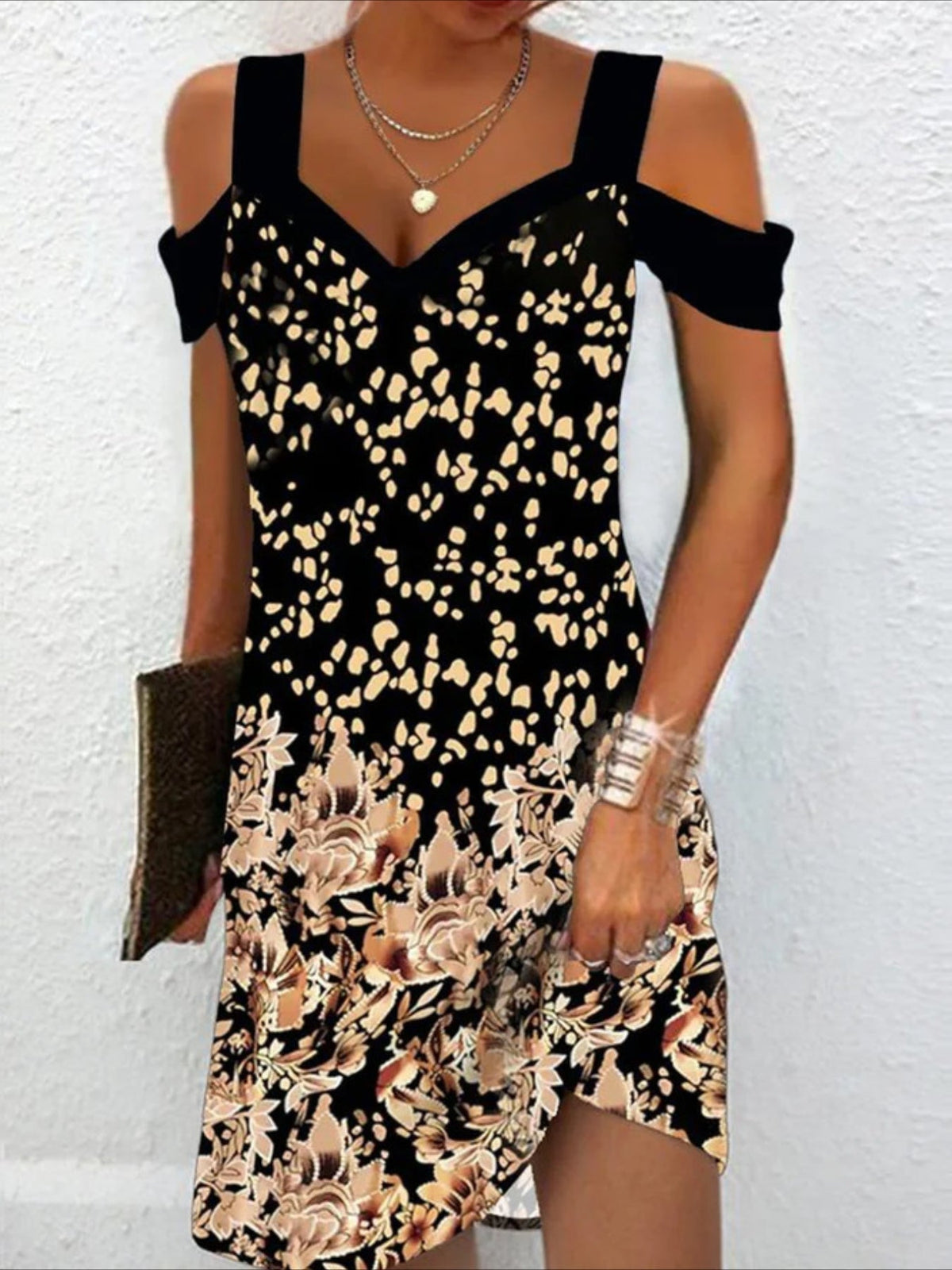 Chic Blossom Cold-Shoulder Dress, Effortless V-Neck Fit, Short Sleeves, Perfect for Casual Outings