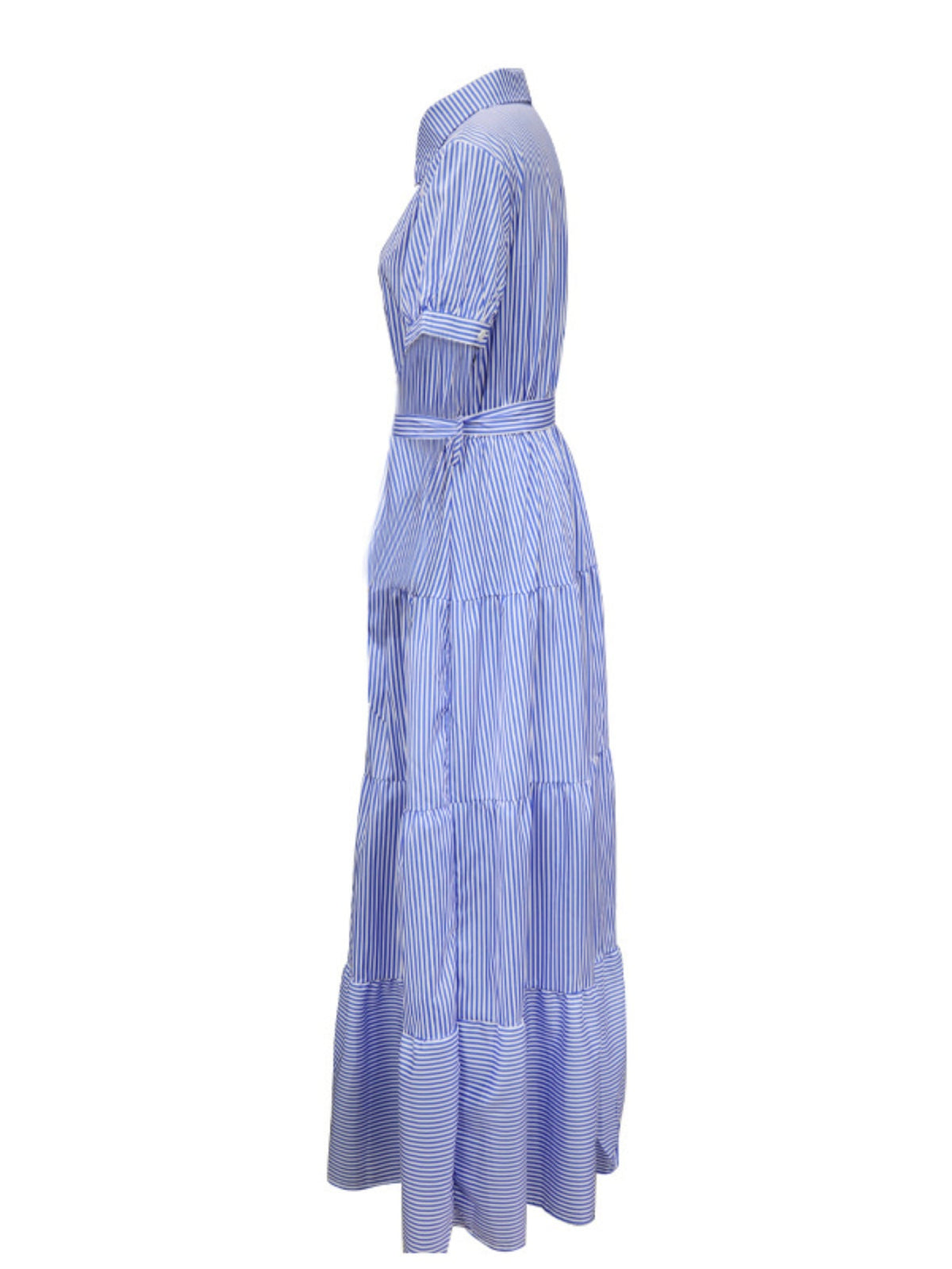 Button Front Short Sleeves Vibrant Striped Tunic Shirt Maxi Dress