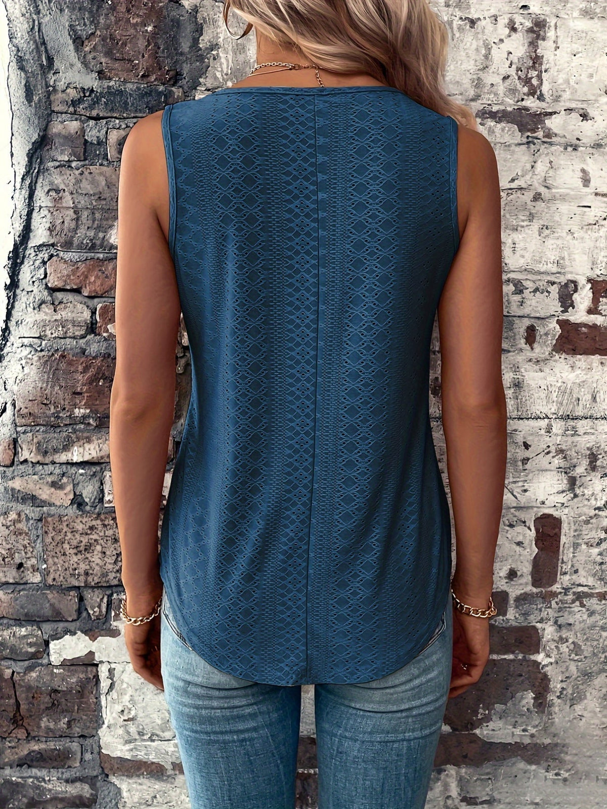 Eyelet Solid Tank Top, Casual V Neck Summer Sleeveless Top