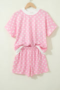 Pink Polka Dot Print Color Block Trim Mock Neck Short Set