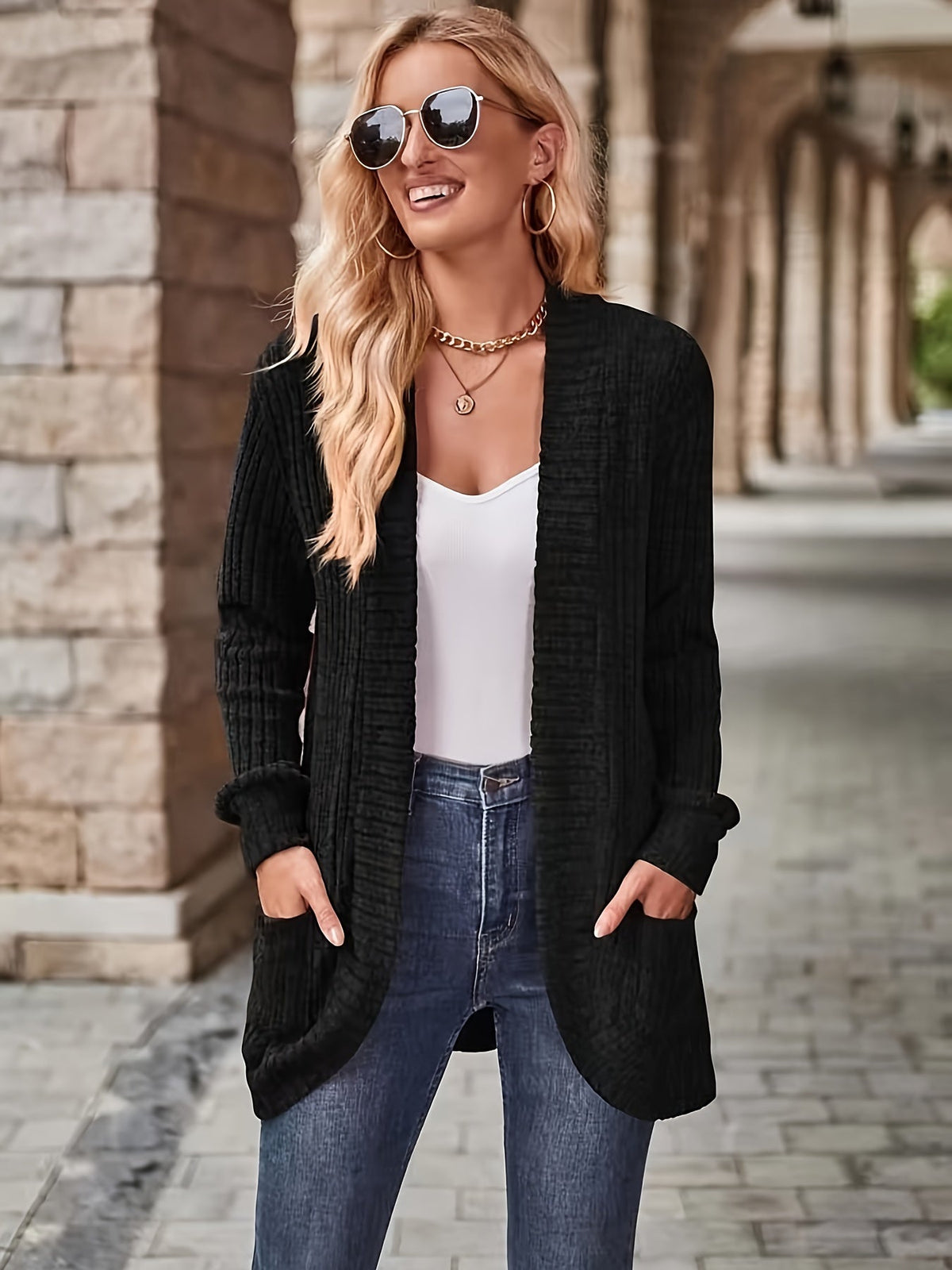 Solid Open Front Cardigan, Casual Long Sleeve Drop Shoulder Outwear