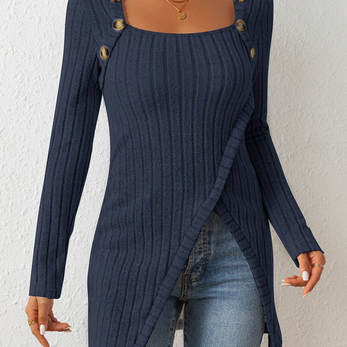 Button Decor Asymmetrical Hem T-Shirt, Casual Ribbed Long Sleeve Top