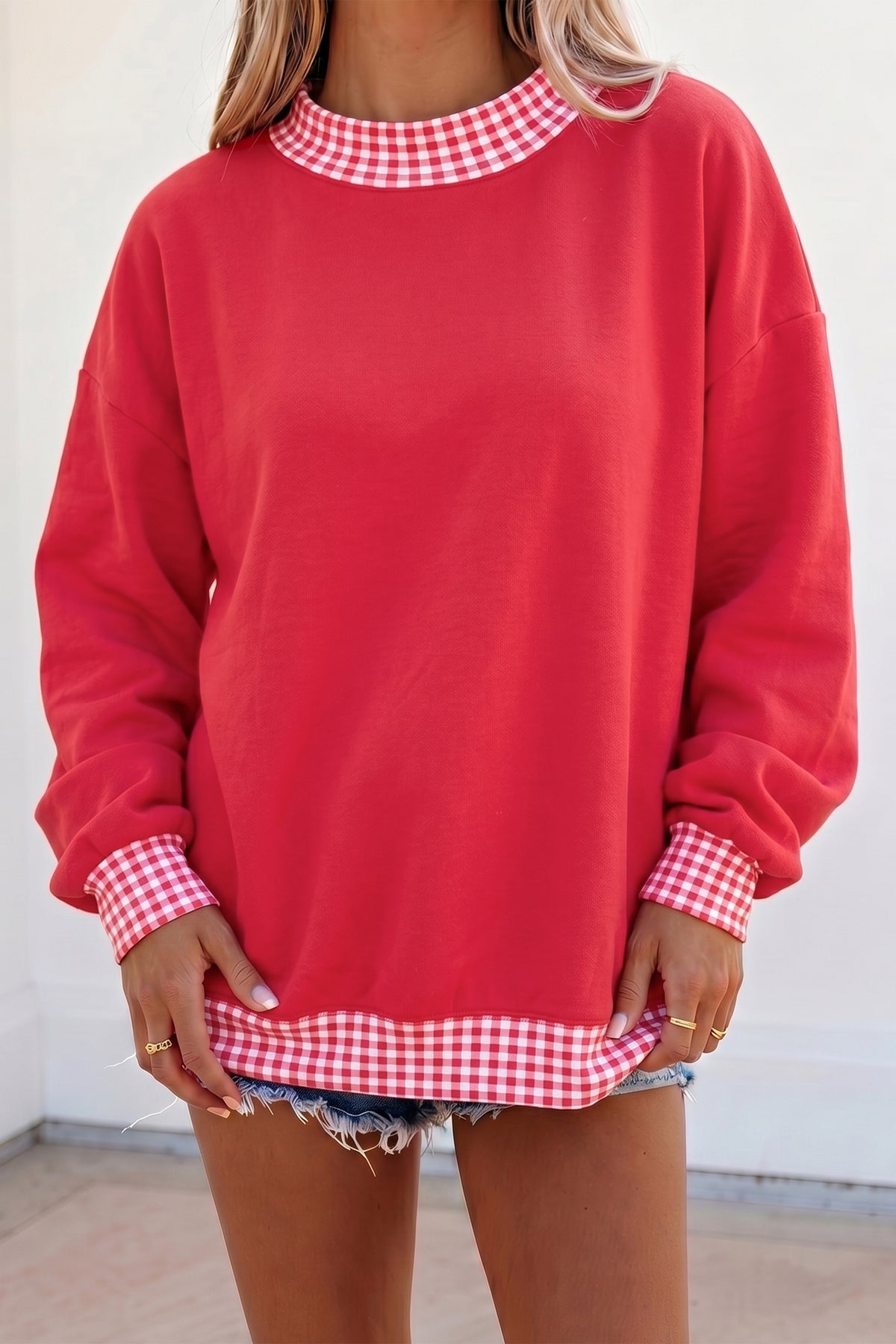 Red Colorblock Plaid Contrast Trim Oversized Sweatshirt