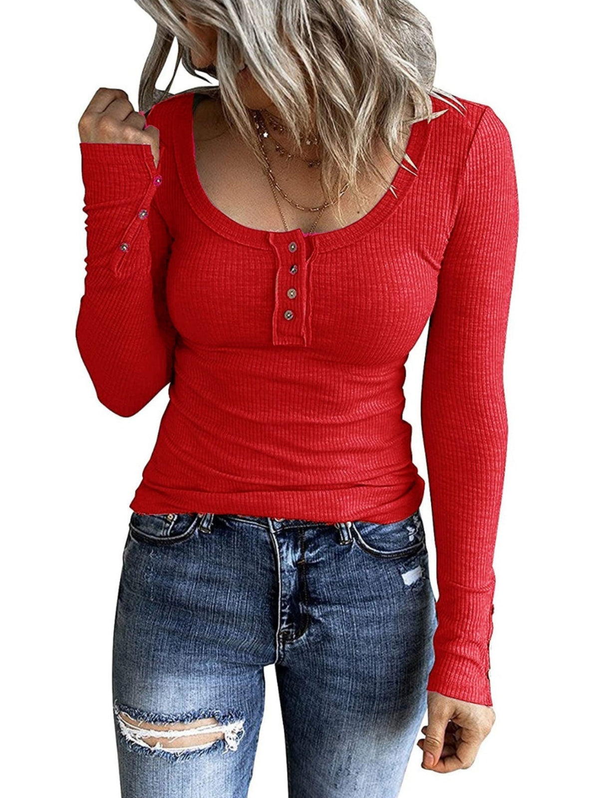 Casual Button Scoop Neck T-shirt, Loose Long Sleeve Slim Fit Fashion T-Shirts Tops