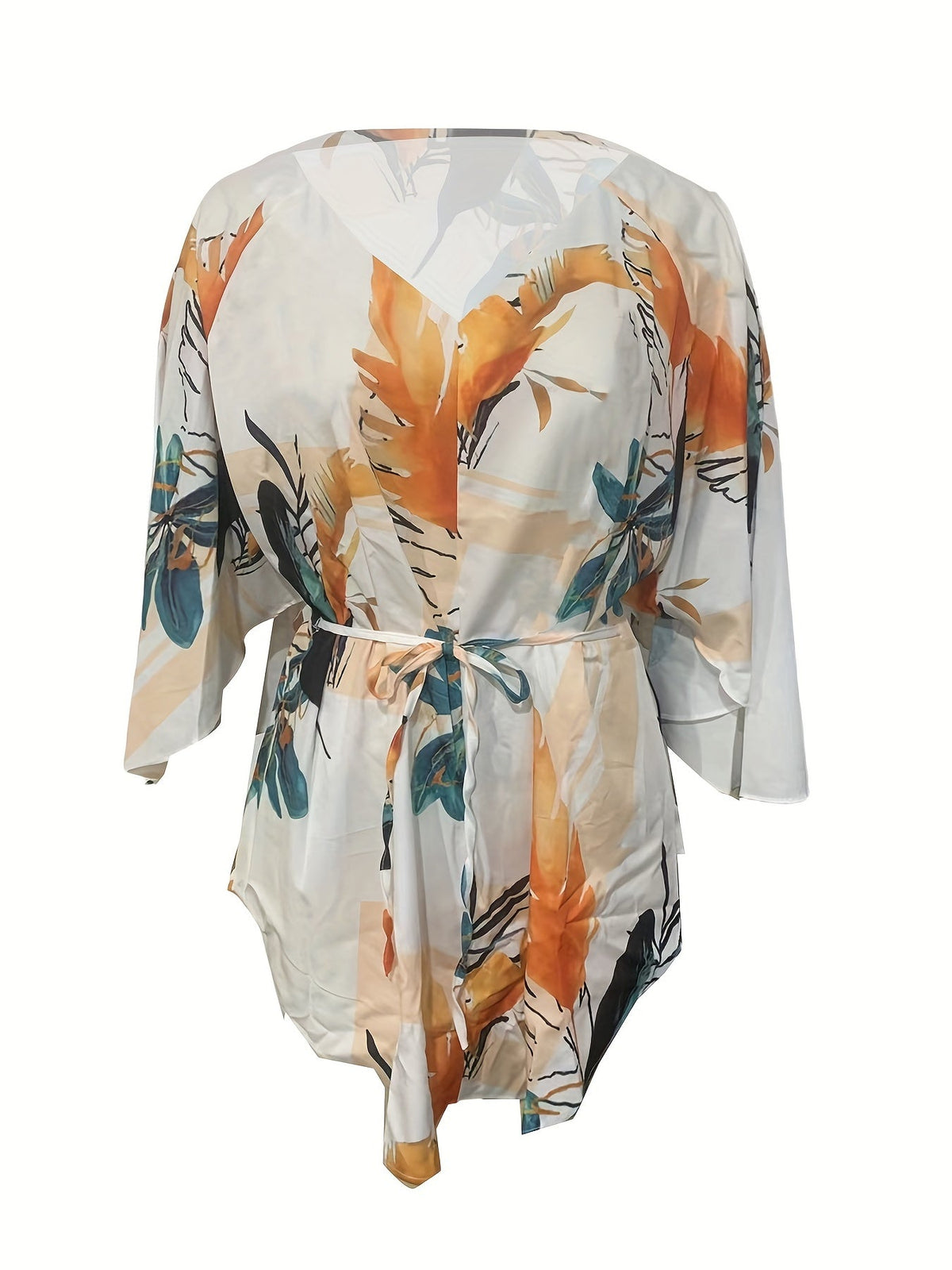 Full Printed V Neck Dress, Casual Tie Waist Batwing Sleeve Dress
