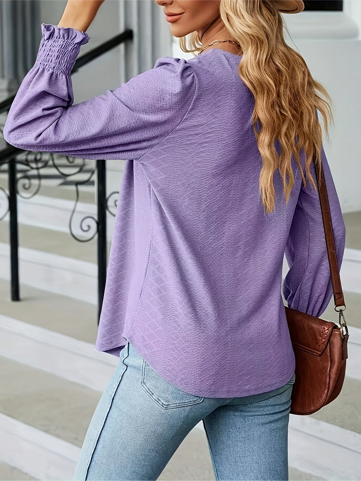 Elegant T-shirt, Women's  Argyle Textured Shirred Lantern Sleeve Square Neck Ruched Top