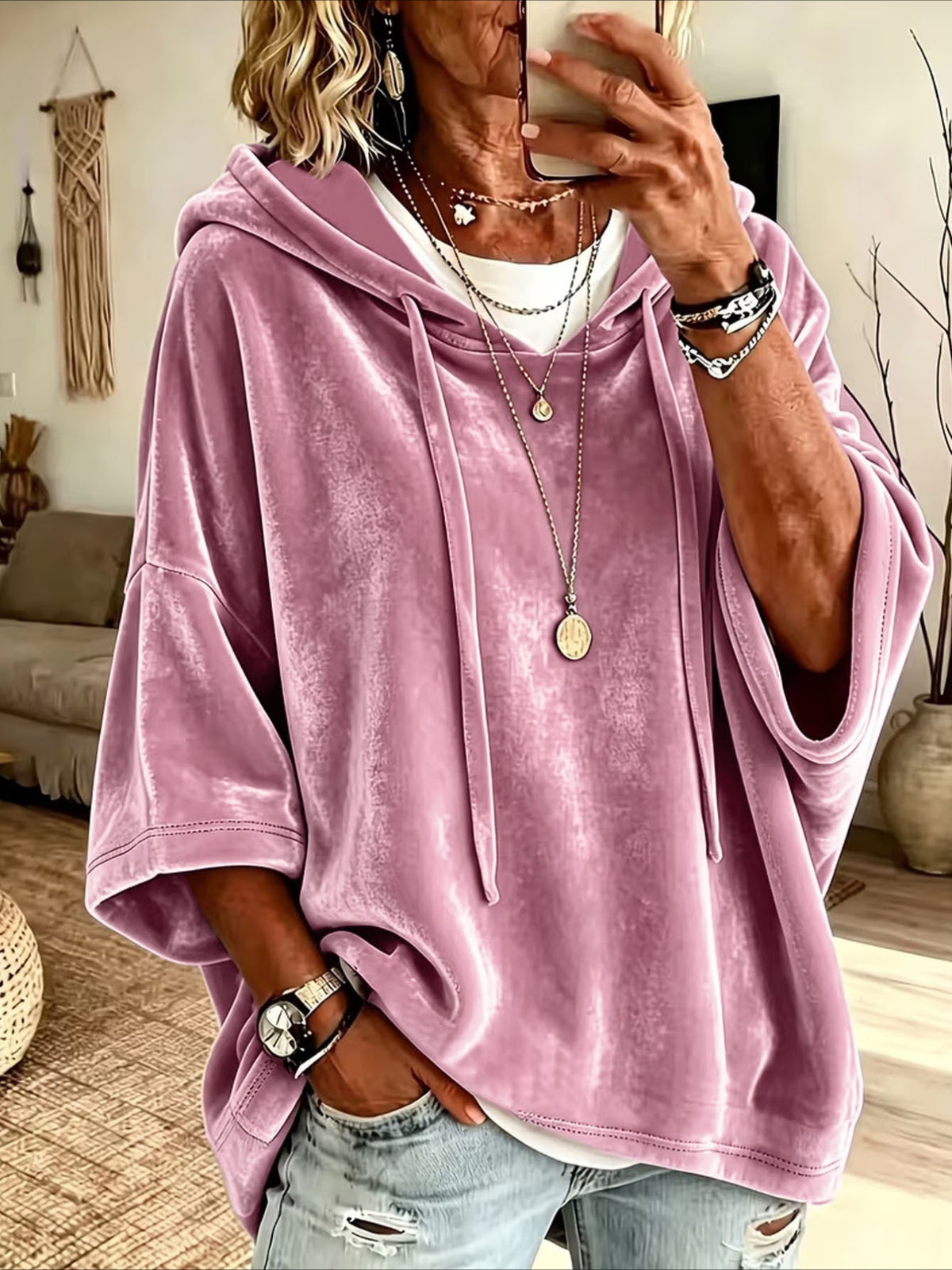 Loose Fit Velvet Hoodie with Three-Quarter Batwing Sleeves