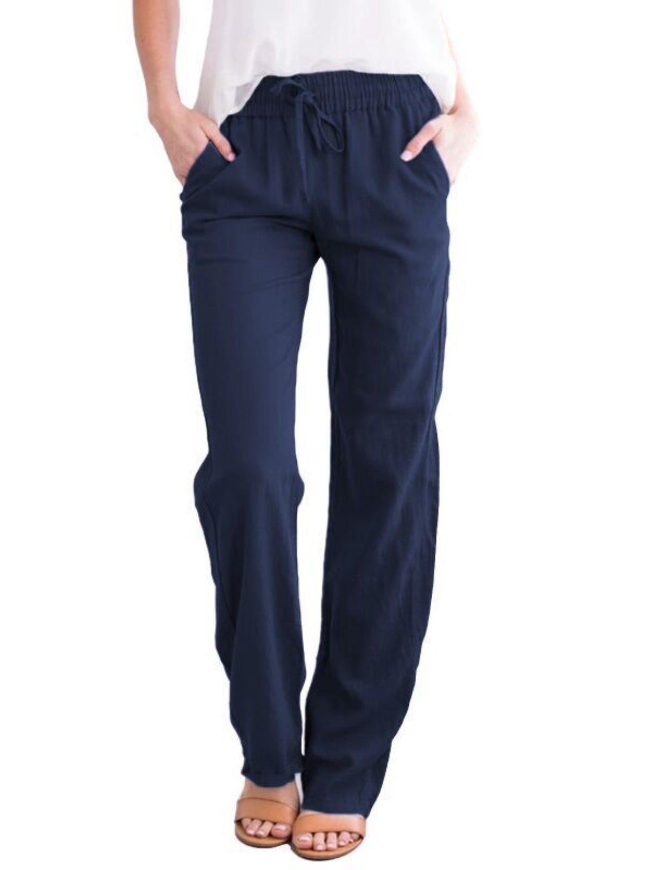 Women's Loose Fit Wide-Leg Trousers - Casual Solid Color Drawstring Design Fashion Pants