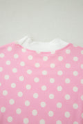 Pink Polka Dot Print Color Block Trim Mock Neck Short Set