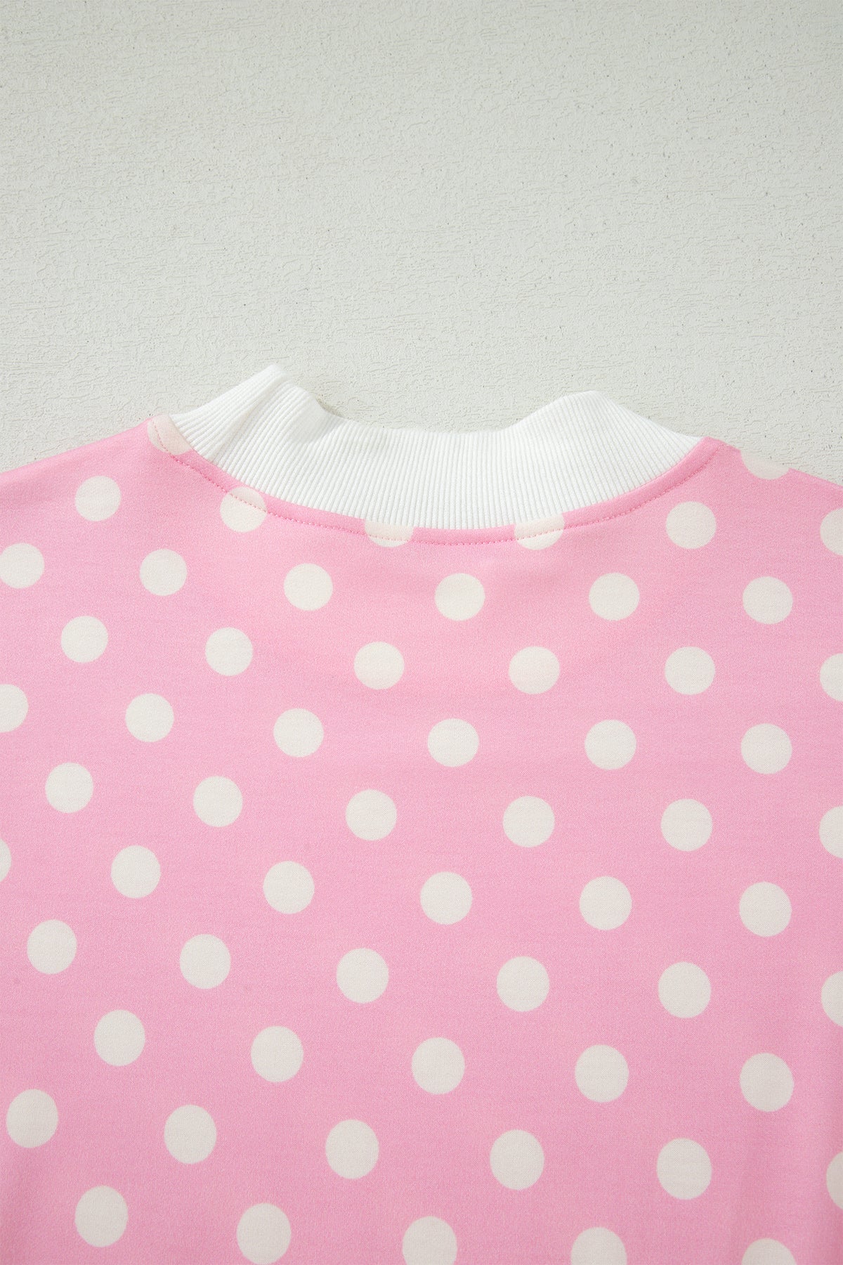 Pink Polka Dot Print Color Block Trim Mock Neck Short Set