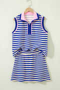Dark Blue Textured Stripe Print Contrast Trim Zip Collar Sleeveless 2pcs Skort Set