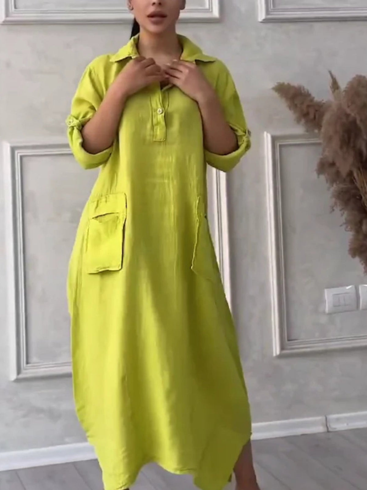 Solid Color Casual Shawl Collar Plain Loose Dress