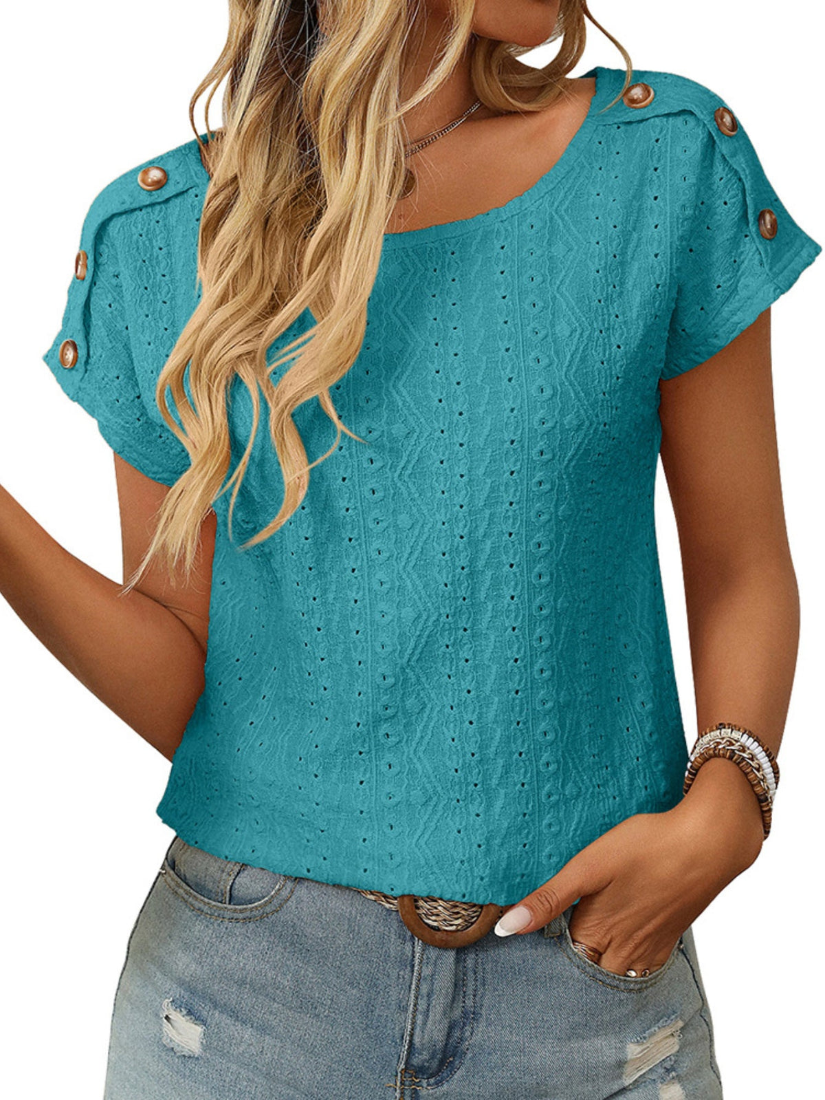 Solid Color Round Neck Shoulder Button Embroidery Hollow Short Sleeved T-shirt
