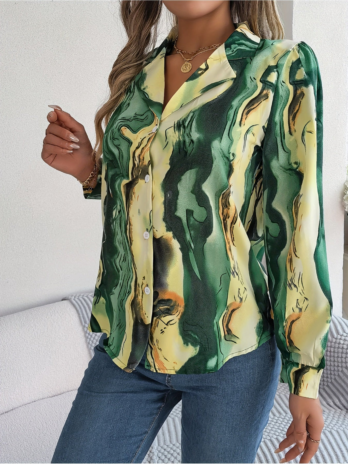 Graphic Print Button Front Shirt, Casual Long Sleeve Shirt