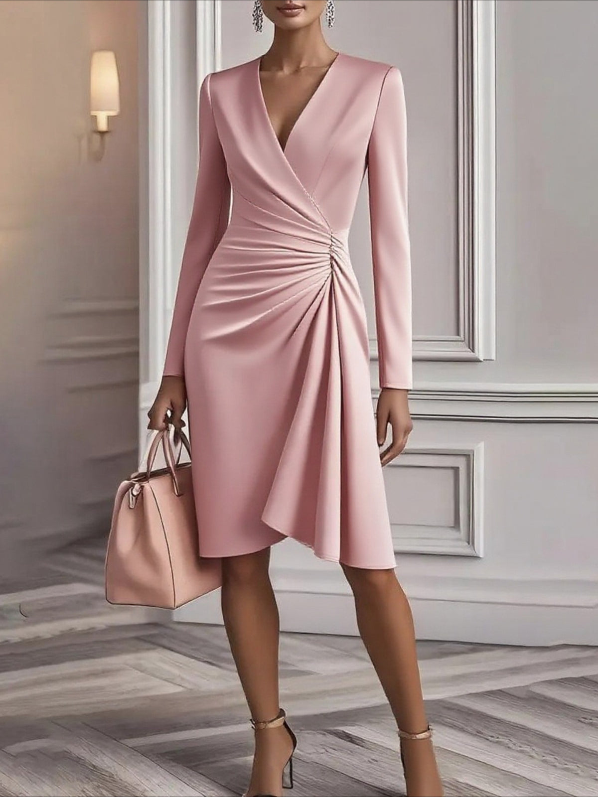 Plain Spring/Fall Dress V Neck Long Sleeve Fit & Flare Dress A-Line Dress
