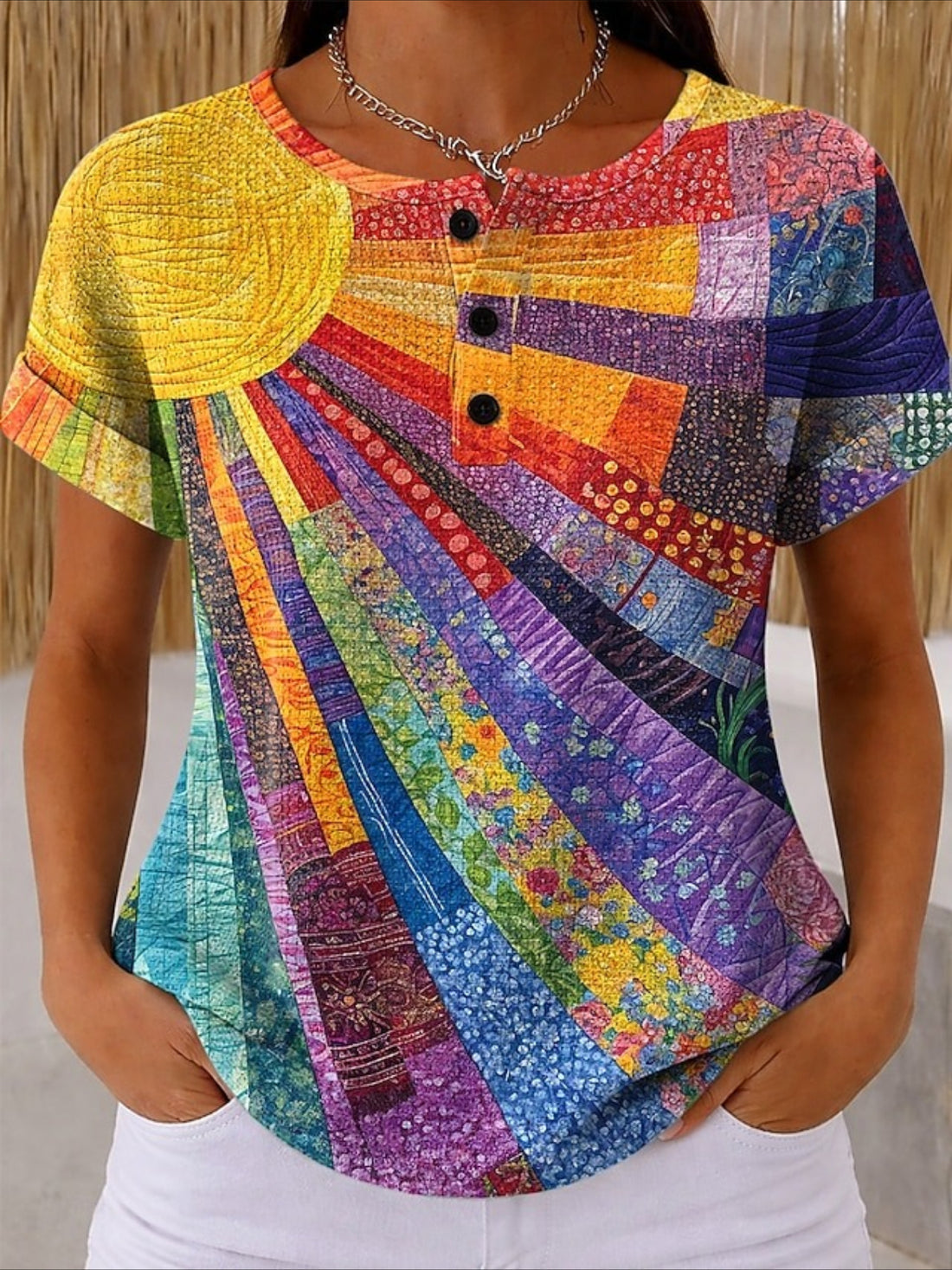 Colorful Button Short Sleeve Loose Vintage T-Shirt