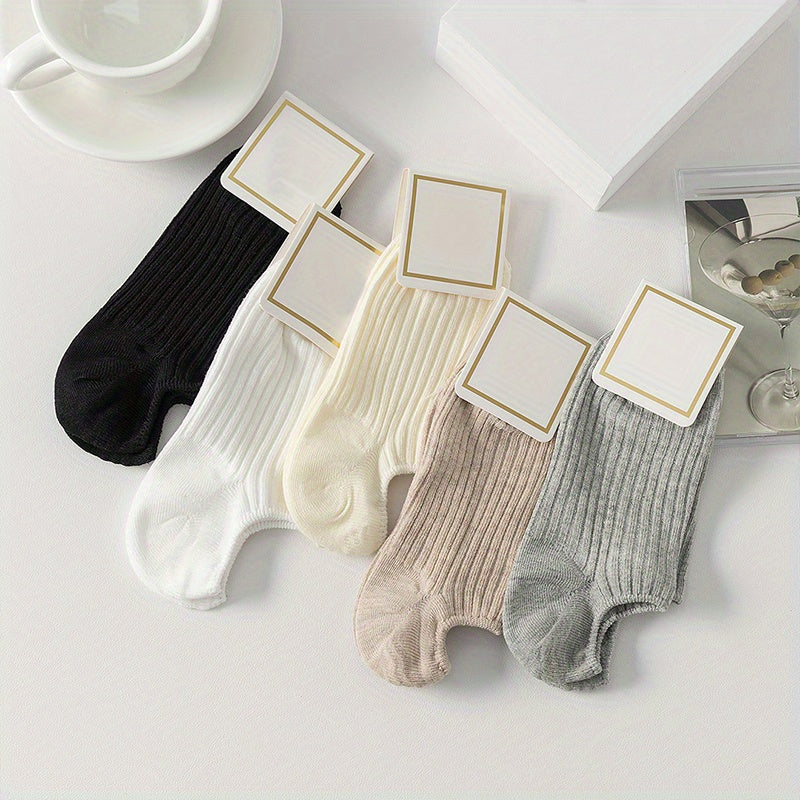 5 Pairs Solid Ribbed Socks, Casual & Comfy All-match Ankle Socks