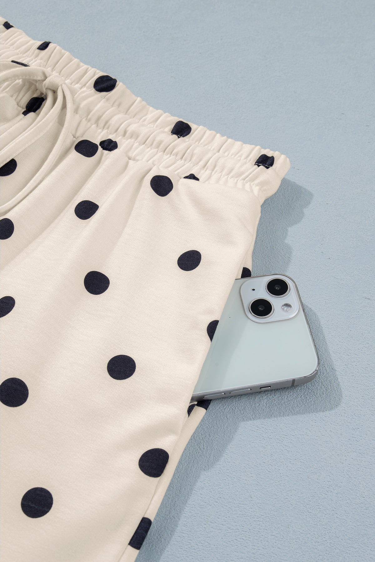 White Polka Dot Short Sleeve Loose Top Drawstring Shorts Set