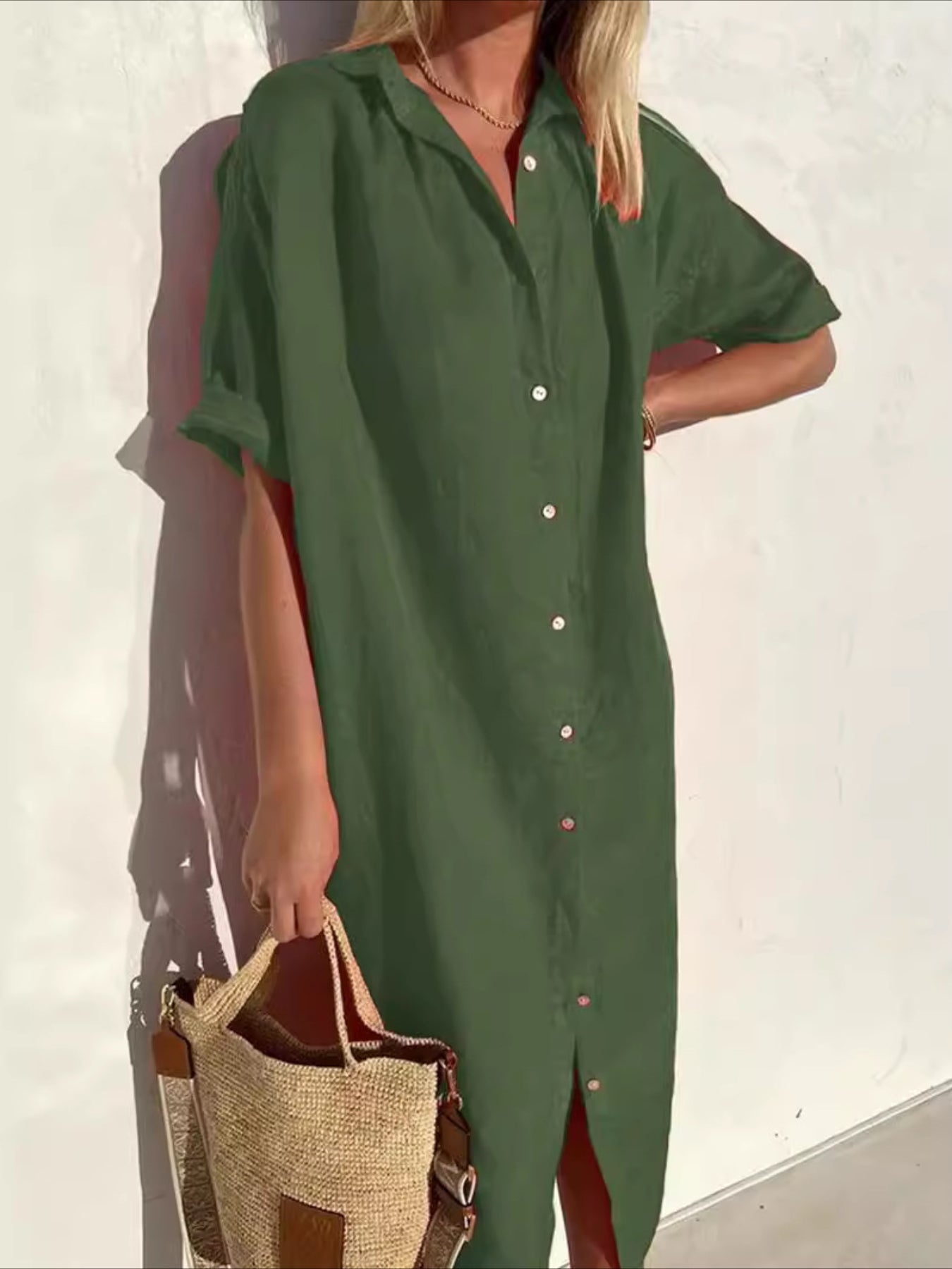 Solid Color Half Sleeve Button Down Maxi Dress