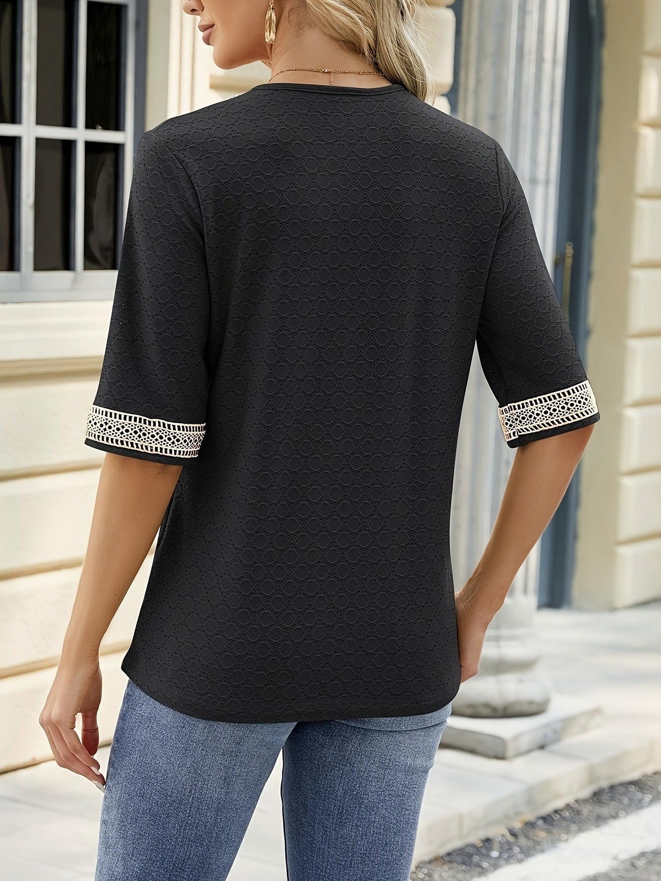 Guipure Lace V-neck Eyelet T-Shirt, Vintage Half Sleeve Loose T-Shirt