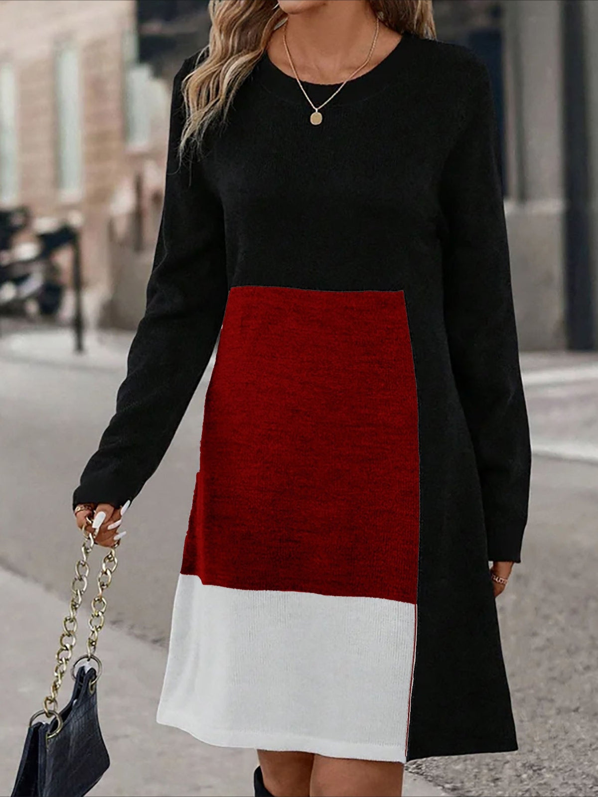 Colorblock Chic Dress - Flattering Casual Style with Long Sleeves and Medium Stretch, Soft Round Neck Mini Dress