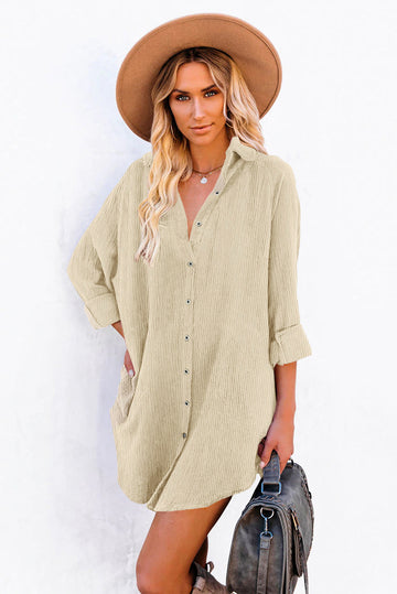 Beige Corduroy Shirt Style Full Button Long Sleeve Shift Mini Dress