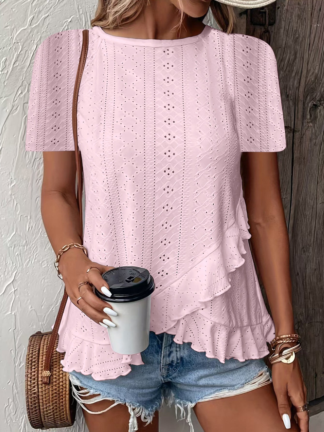 Asymmetrical Ruffle Hem Short Sleeve Round Neck T-Shirt