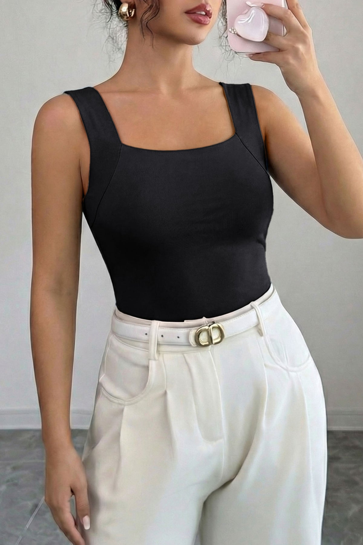Black Solid Color Wide Strap Splicing Athleisure Tank Top