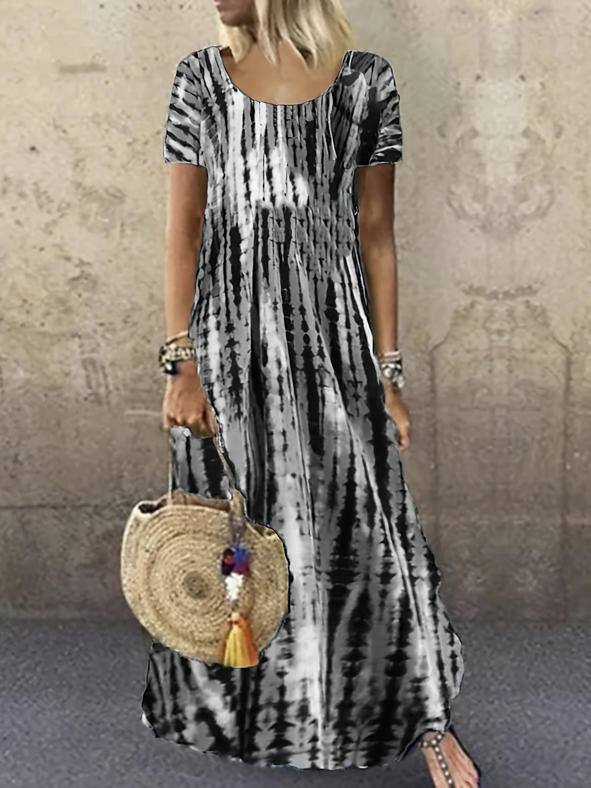 Tie Dye Striped Dress, Casual Crew Neck Short Sleeve Ankle Dress