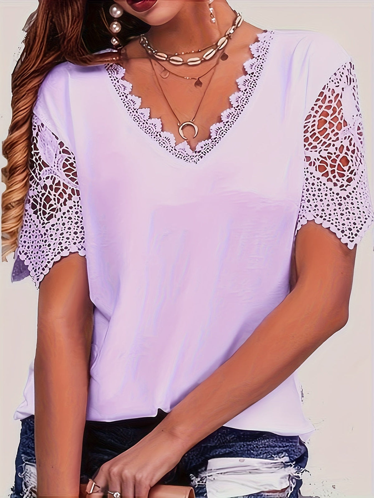 Pure Color Lace Patchwork Short Sleeve T-shirt