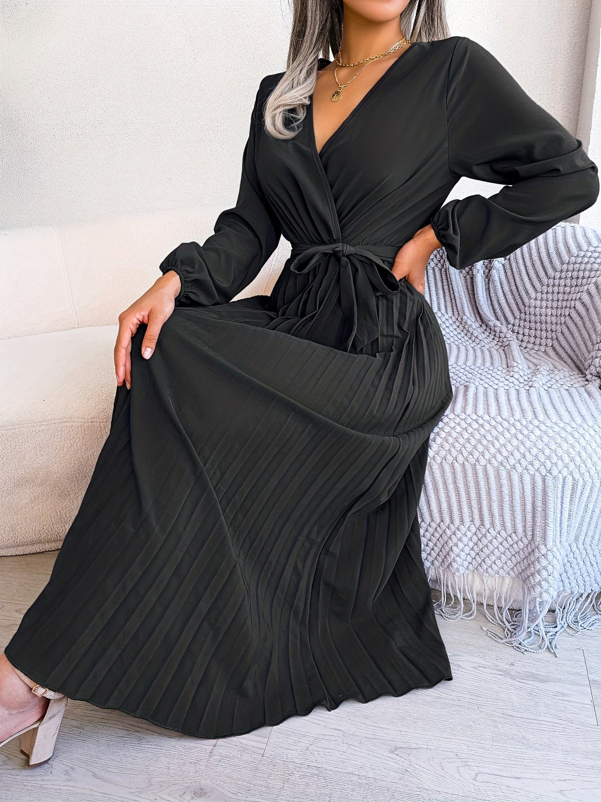 Pleated Surplice Neck Dress, Elegant Long Sleeve Solid Dress, Women's Clothing