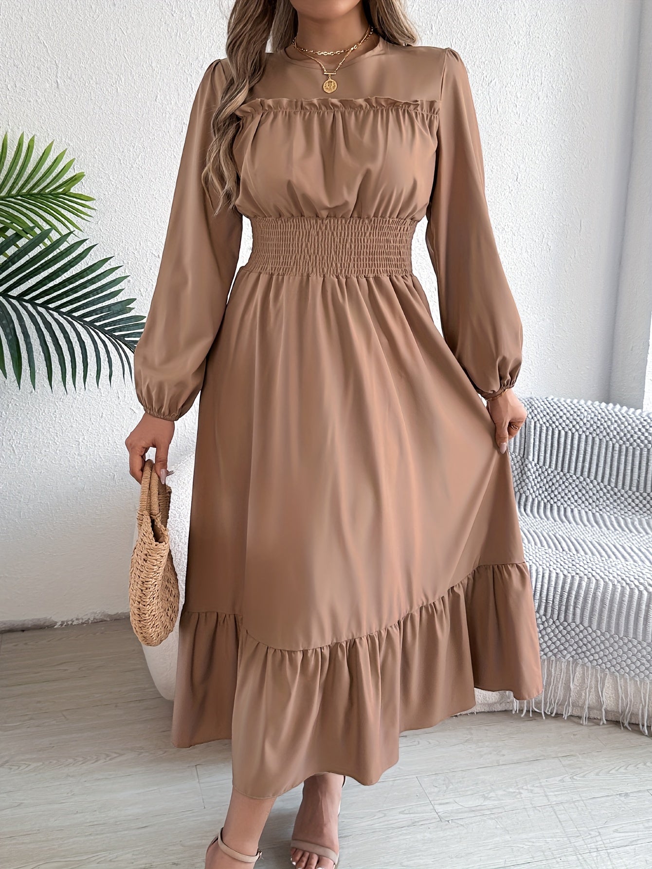 Elegant Long Sleeve Hem Round Neck Dress