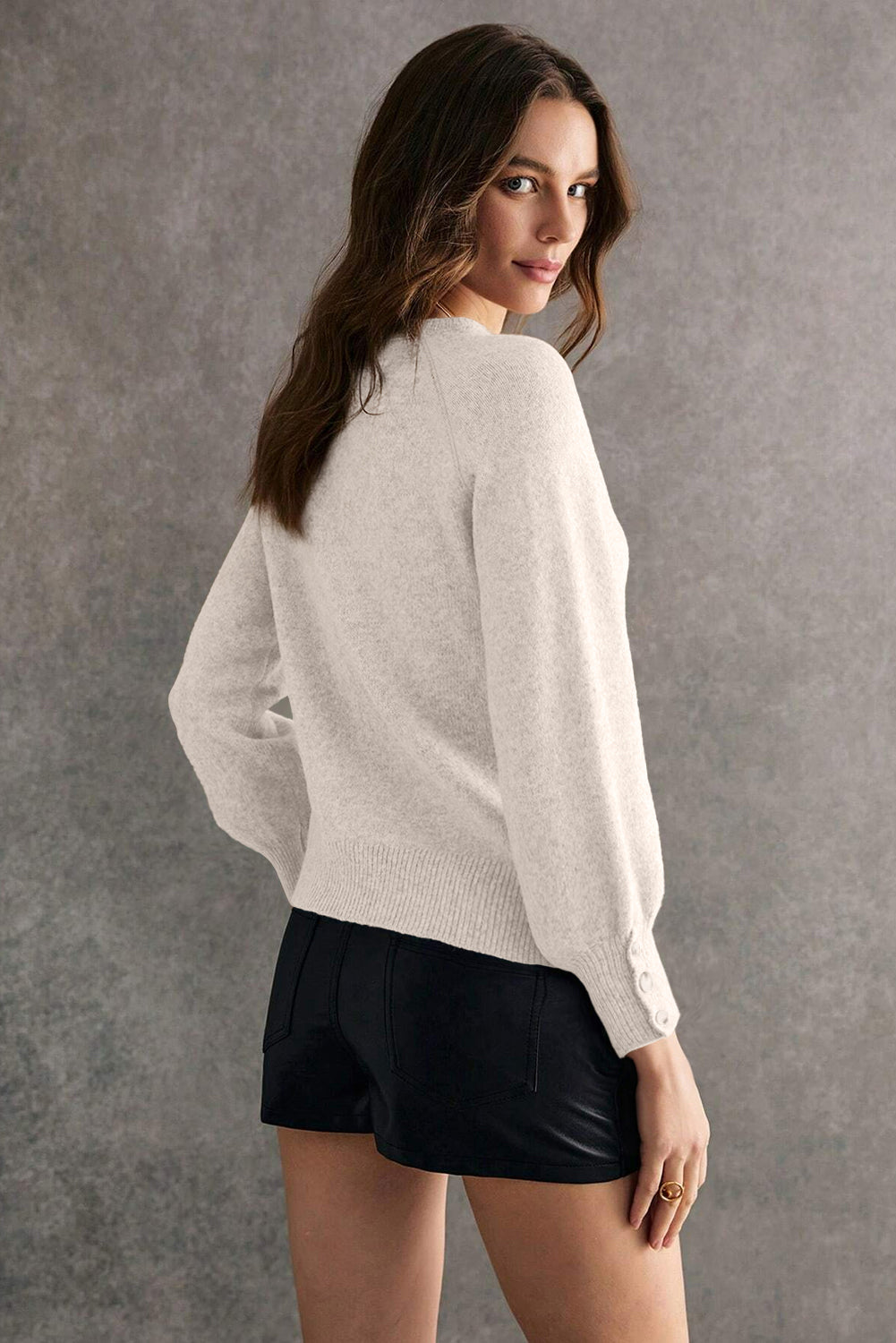 White Buttoned Bishop Sleeve Crew Neck Sweater
