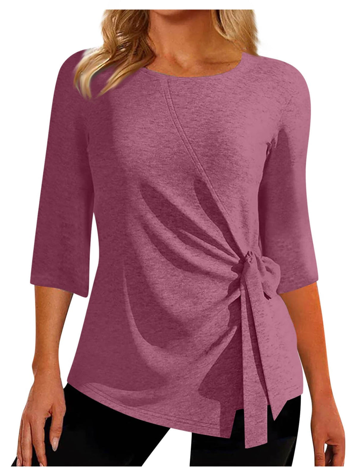 Solid Ruched Tie Front Top, Casual Three-quarter Sleeve Top