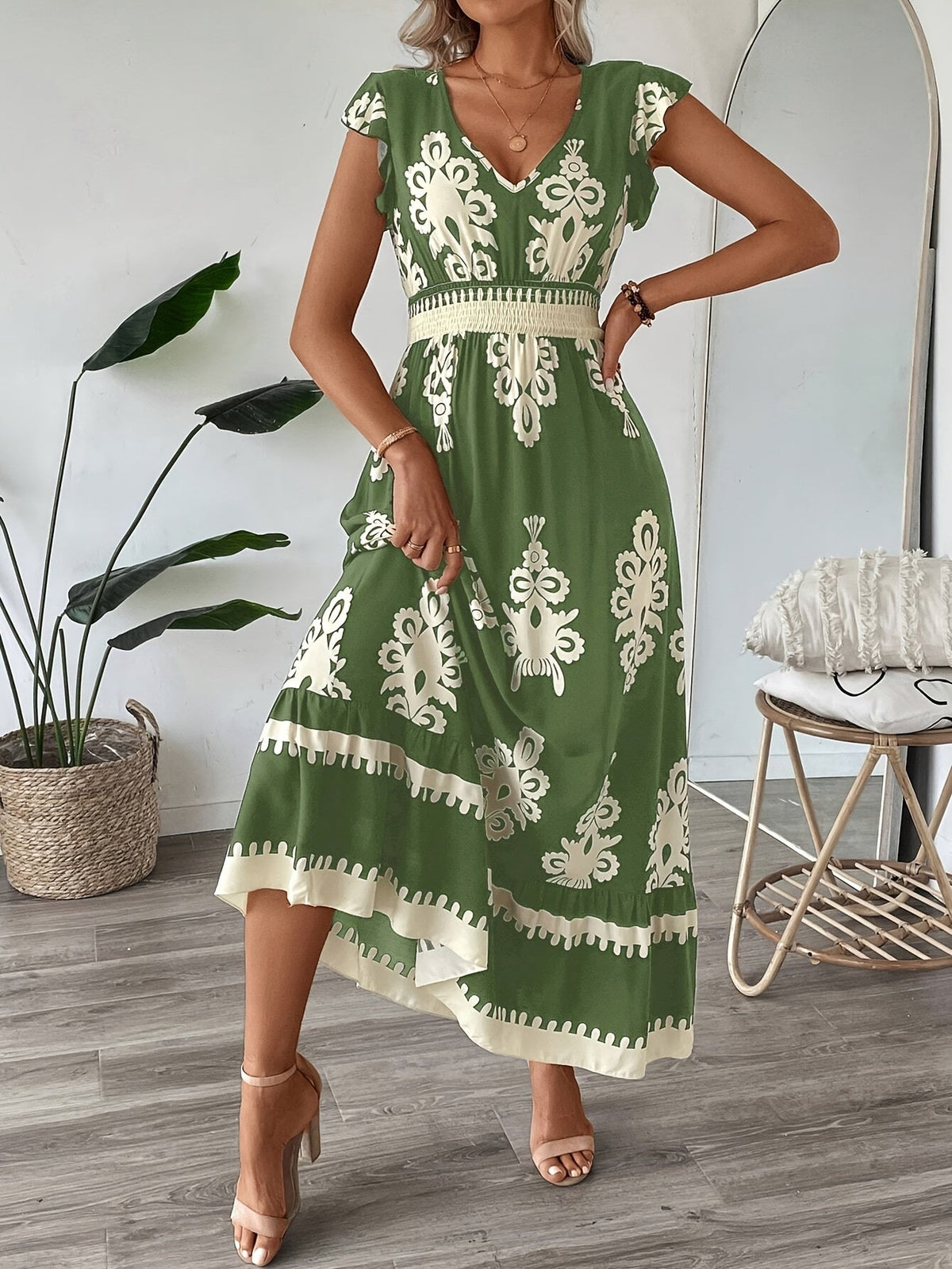 Women's Navy Blue Floral Print V-Neck A-Line Dress with Ruffled Cap Sleeves