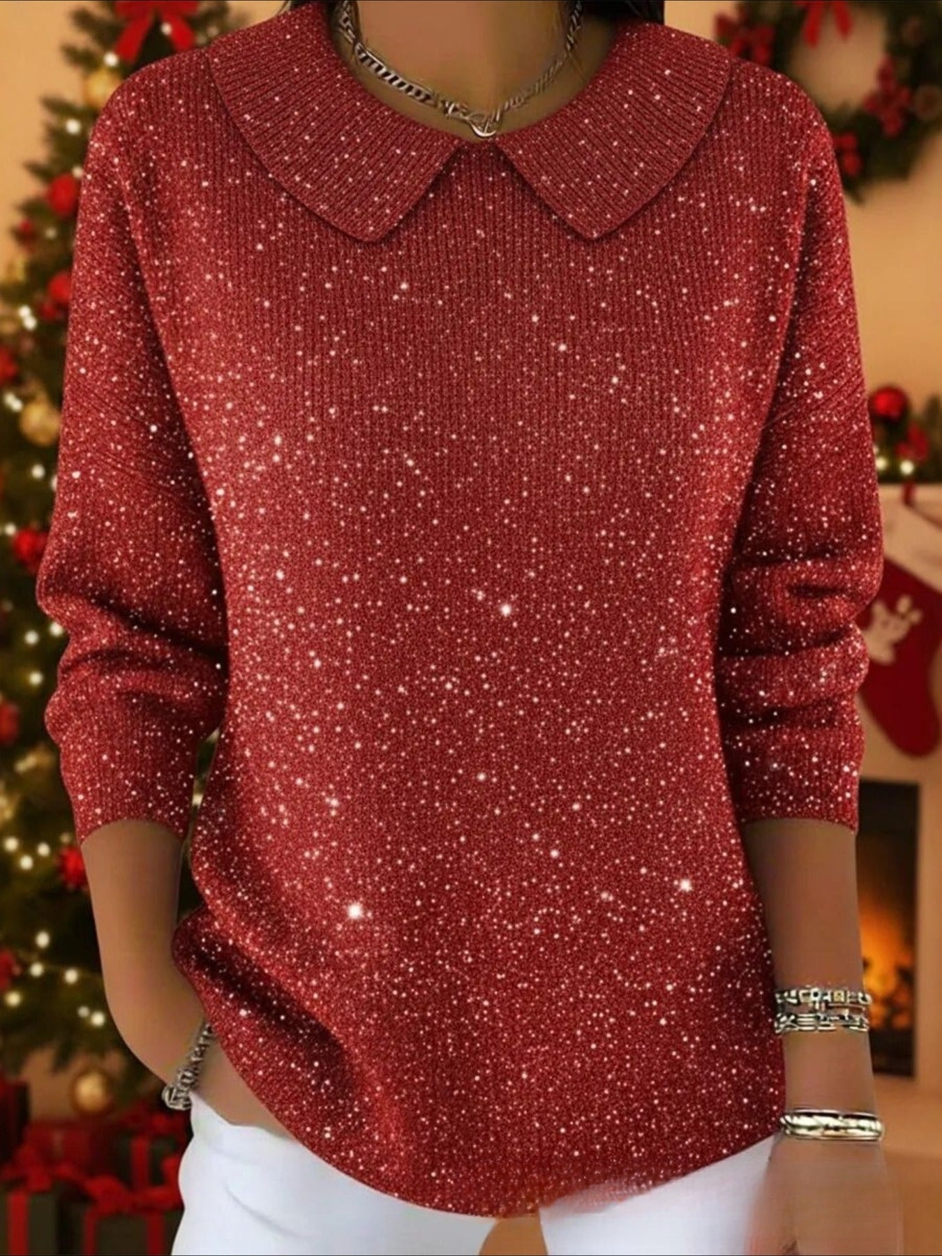 Christmas Printing Spring/Fall Casual Long Sleeve Shawl Collar Sweater