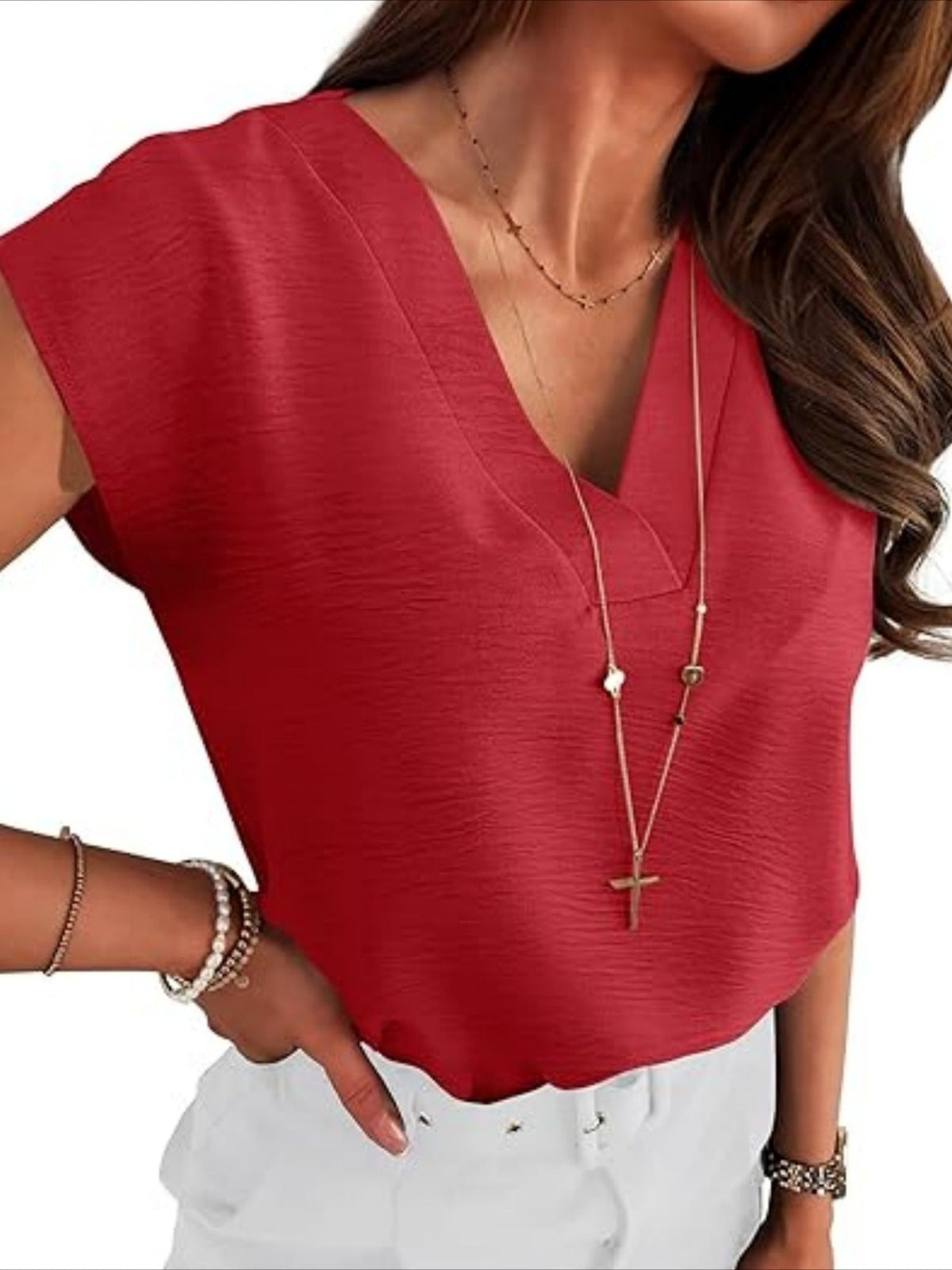 Plain V-Neck Batwing Short Sleeve Casual Loose Blouse