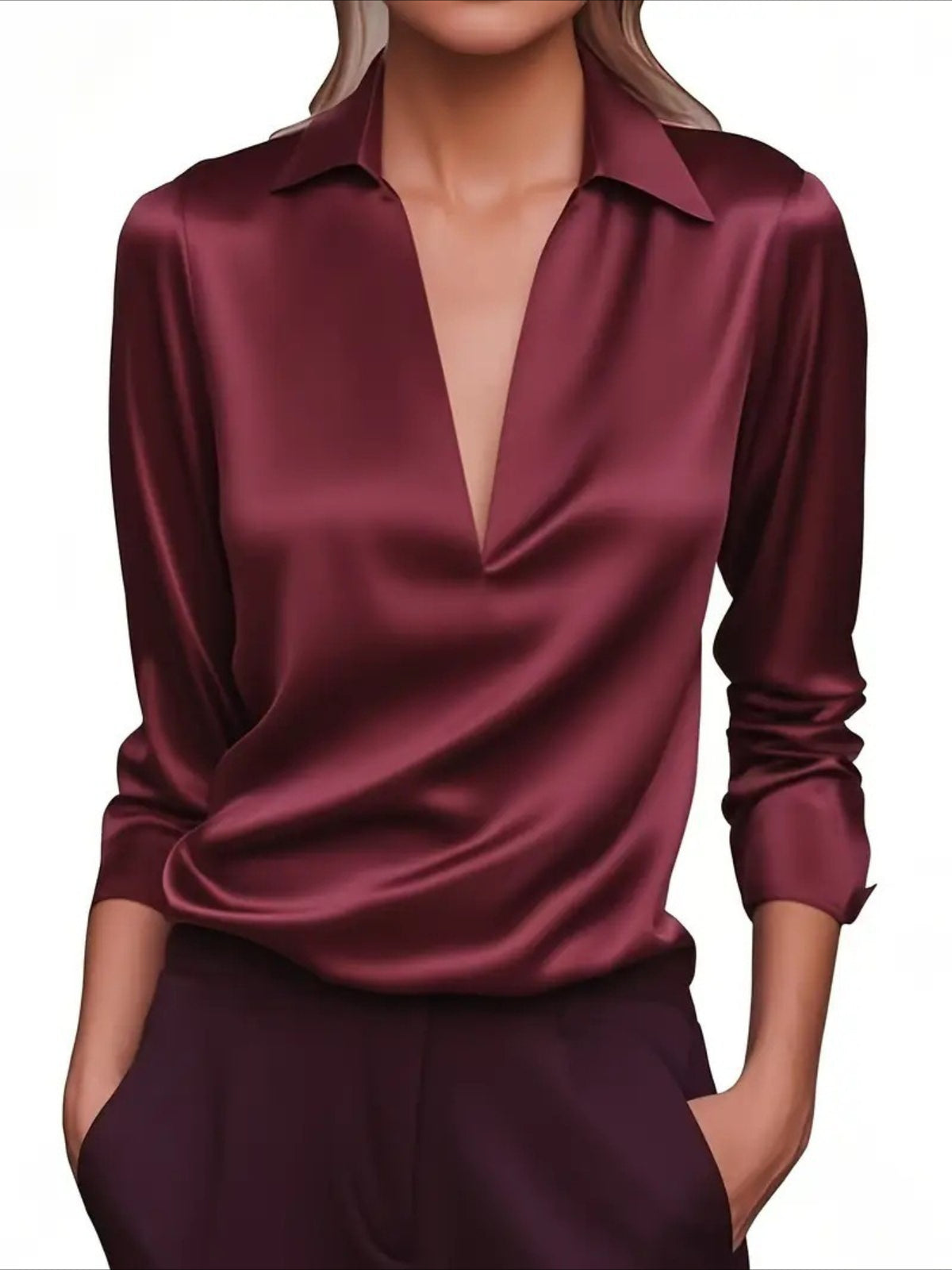 Women's Elegant Minimalist Long Sleeve V-Neck Blouse