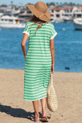 Green Stripe Collared V Neck Short Sleeve T Shirt Midi Dress with Pockets